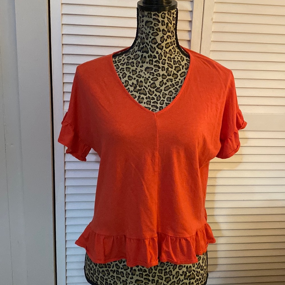 2 Ann Taylor Loft Ruffle T-Shirt  - Coral and White